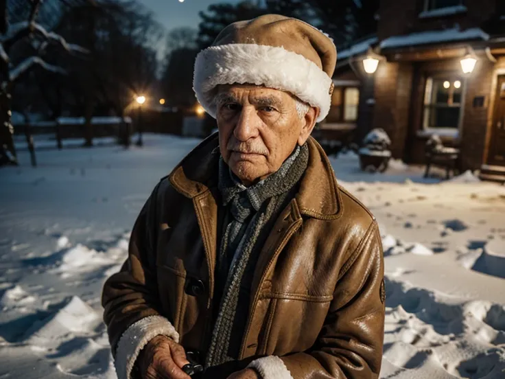 old watchman in a sheepskin coat, winter, flashlight