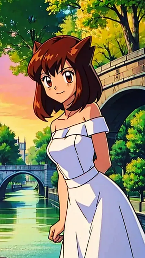 bianca (pokemon heroes), 1 girl, solo, short hair, brown hair, brown eyes, bare shoulders, strapless, white ruffle off the shoul...