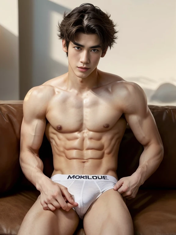 asian male model in a briefs, handsome man, Full Body Shoot, korean hair style, wave hair,  look at camera, detailed facial parts, Manly, Charmer, Active Boy, sitting on sofa, open legs, Freestyle Pose, Happy Expression, perfect anatomy, symmetric body, as...