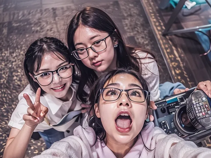 three girls taking selfies with their mobile phones, student, wear glasses, the face is wet!!, 8k自拍photo, !!wear glasses!!, very...