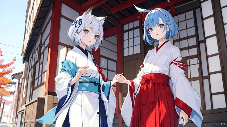 GirlFoxWhite HairShort HairBlue EyesJapanese Clothes