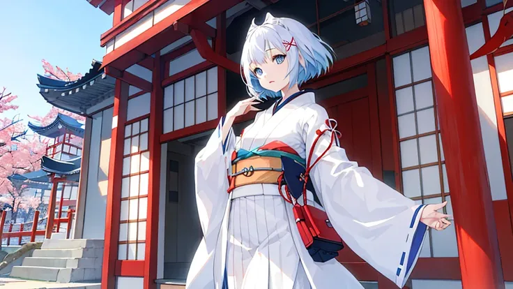 GirlFoxWhite HairShort HairBlue EyesJapanese Clothes