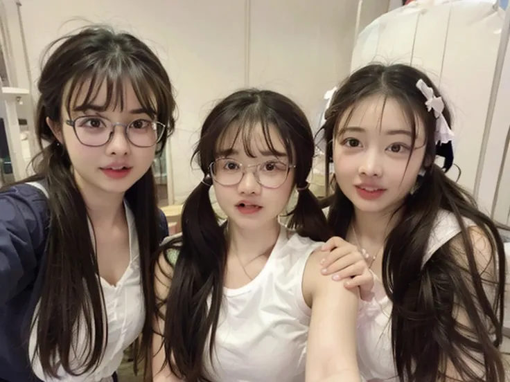 three girls taking selfies with their mobile phones, student, wear glasses, the face is wet!!, 8k自拍photo, !!wear glasses!!, very...