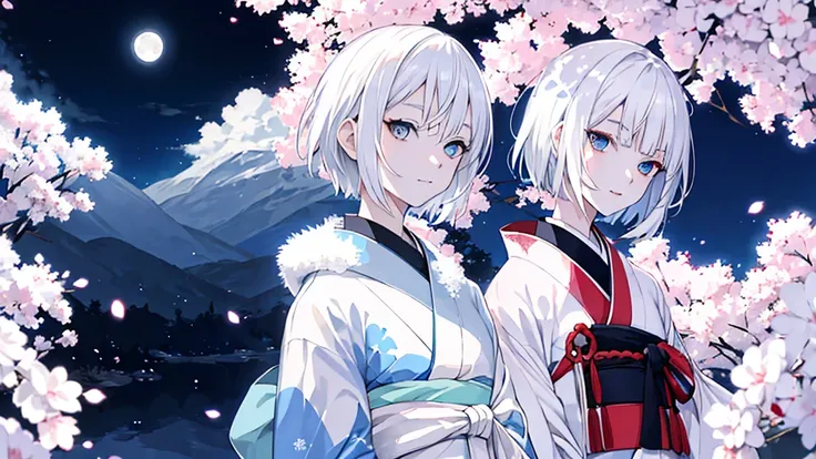 White hair girl short hair blue eyes kimono fox night moon bad face