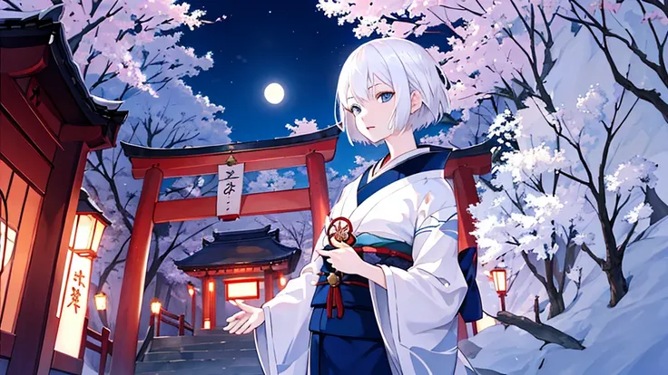 White hair girl short hair night view blue eyes kimono fox moon shrine