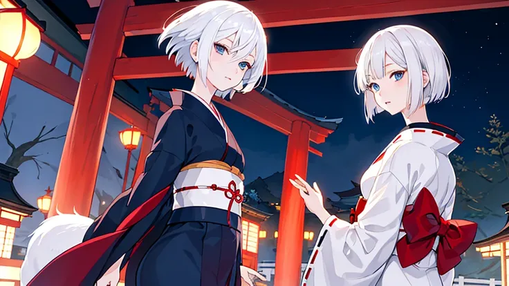 White hair girl short hair night view blue eyes kimono fox moon shrine