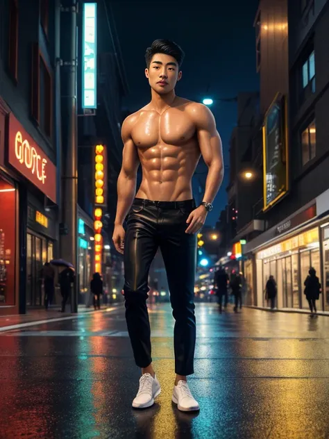 best quality,4k,8k,highres,masterpiece:1.2,ultra-detailed,realistic,nighttime city scene,attractive,fit,relaxed,naked Asian man,diverse LGBTQ men,enjoying,ambient lighting,urban environment,peaceful atmosphere,quiet streets,neon lights,gentle rain,reflecti...