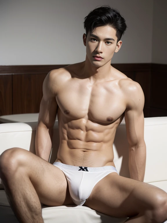 Asia male model in a briefs, handsome man, Full body shot, korean hair style, Im a wave.,  Look at the camera., Facial details, manly, Charmers, Active Boy, sitting on the sofa, open legs, Freestyle moves, happy expression, perfect anatomy, Symmetrical bod...