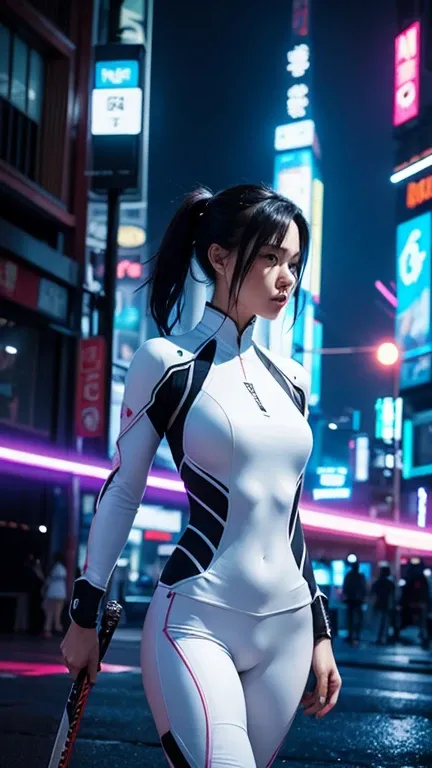 photorealistic of image a woman wears white ninja cloth outsuit with sword, cyberpunk style, dynamic pose ,medium closeup shot , neon night city background