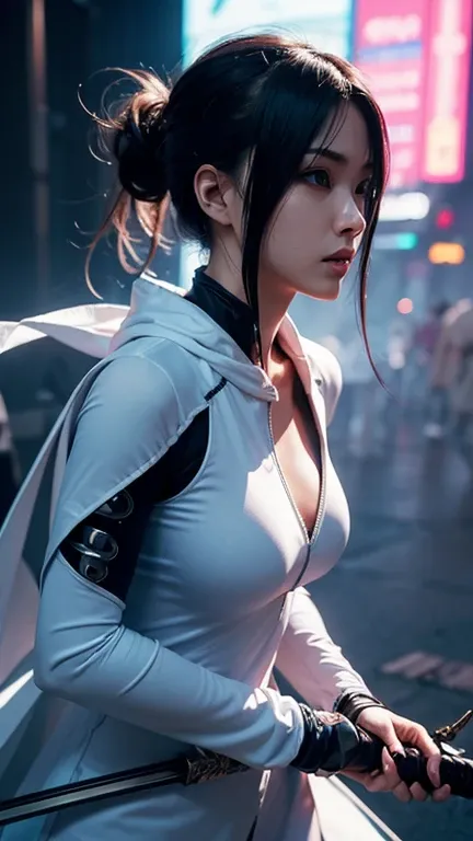 photorealistic of image a woman wears white ninja cloth outsuit with sword, cyberpunk style, dynamic pose ,medium closeup shot , neon night city background