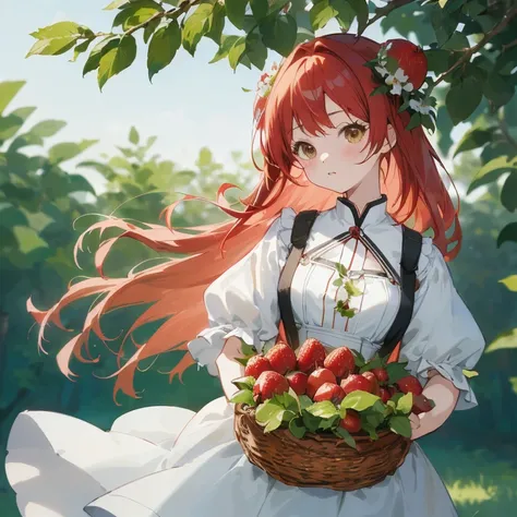 anime girl with red hair holding a basket of strawberries, render of april, marin kitagawa fanart, rin, anime lush john 8k woods, official art, standing in an apple orchard, guweiz on pixiv artstation, official artwork, official character art, artwork in t...