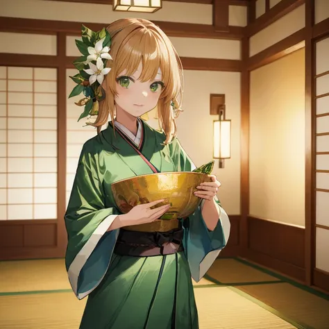 anime girl in a green kimono holding a bowl of food, painted in anime painter studio, digital anime illustration, made with anime painter studio, demon slayer rui fanart, kawaii realistic portrait, pixiv contest winner, inspired by Nishikawa Sukenobu, guwe...