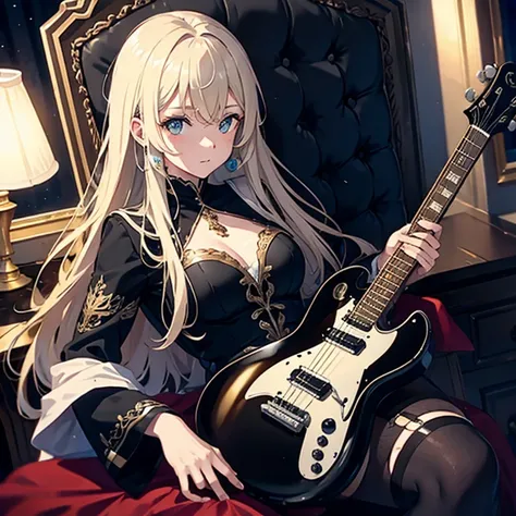 Woman lying on throne in dark clothes playing guitar,  on her lap