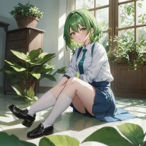 anime girl sitting on the floor with green hair and black shoes, smooth anime cg art, anime visual of a cute girl, anime moe artstyle, the anime girl is crouching, painted in anime painter studio, young anime girl, guweiz on pixiv artstation, made with ani...