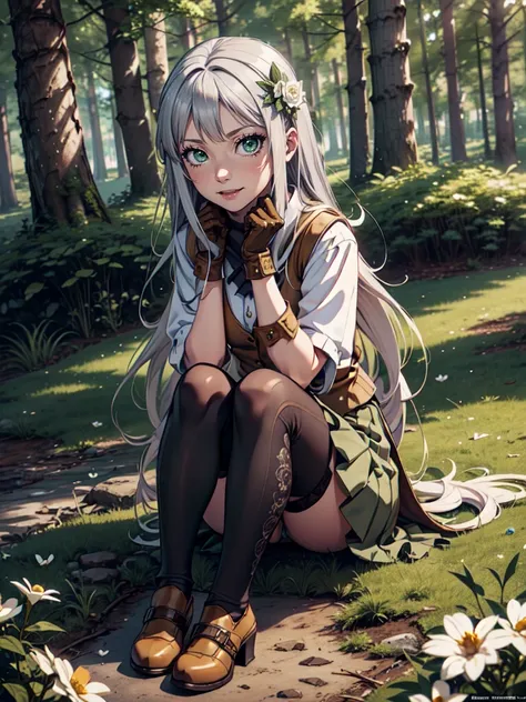 Ultra High Definition, Ultra High Quality, Hyper Definition, Hyper Quality, Hyper Detailed, Extremely Detailed, Perfectly Detailed, 8k, 1 Anime Female, Sitting, Long Silver Hair, Womens Vest, Skirt, Brown Boots On Heels, Tights, Gloves, Solid Green Eyes, C...