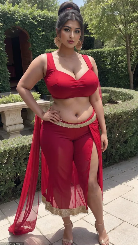 Shrabanti Chatterjee bengali beautiful woman sexy curvy plus size model wearing red color designing Lehenga Choli facing to camera in standing position,head to thighs view, curvy plus size figure,big m-cup breasts ,wearing Indian Lehenga Choli, side bun ha...