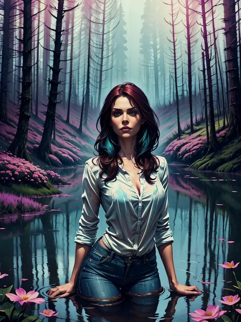 cartoon, sexual tension, girl in flared muddy jeans and blouse, drowning in forest bog, acrylic painting, mysterious atmosphere, vibrant colors, dramatic lighting, (best quality, highres:1.2), ultra-detailed, unrealistic style, surrealistic landscape, drea...