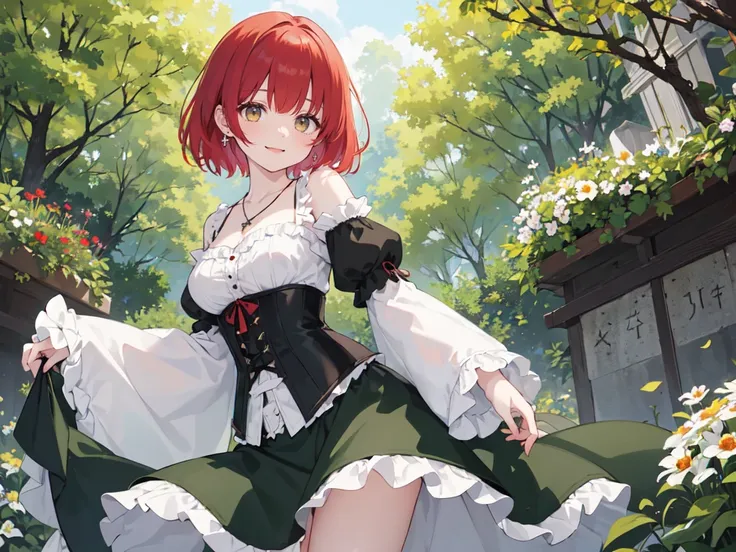 (masterpiece), (best quality), (ultra detailed),(disheveled hair),(illustration), (1woman), ((green attached skirt)(black corset with flowers)(pantyhose with black hearts)(white blouse with wide sleeves)), standing, Fashion model, looking at viewer, (inter...