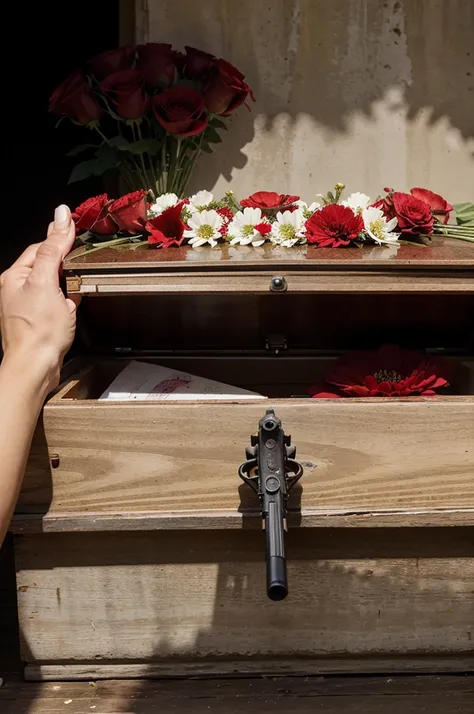 a hand on coffin holding a gun , closed coffin , a bunch of red and white flowers on coffin , a note beside a bunch of flower