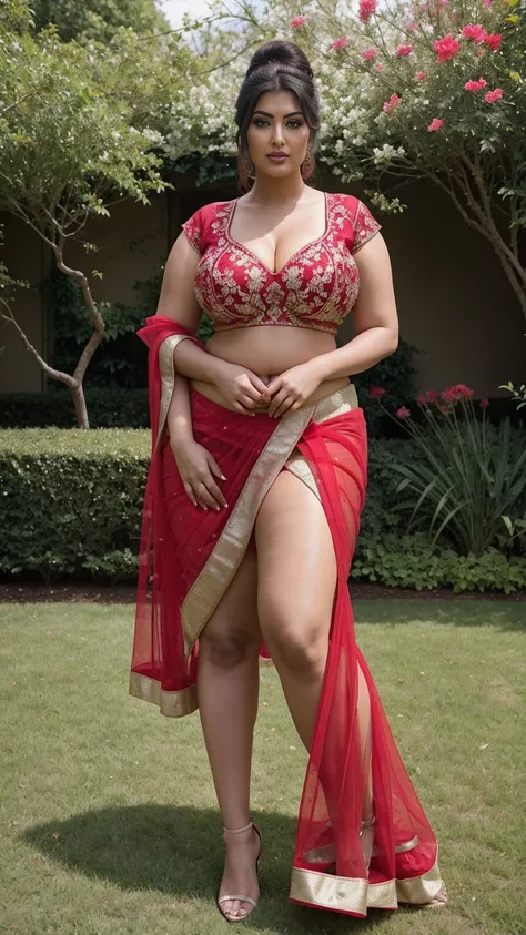 Shrabanti Chatterjee bengali beautiful woman sexy curvy plus size model wearing red color designing Lehenga Choli facing to camera in standing position,head to thighs view, curvy plus size figure,big m-cup breasts ,wearing Indian Lehenga Choli, side bun ha...