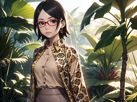 sarada uchiha with short hair, black eyes, wearing prescription glasses. she is wearing a beige nude pencil skirt, ((jaguar prin...