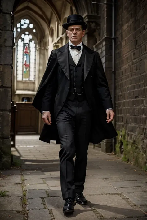 there is a man in a top hat walks down a path with a cane, old abbey in the background,  english top hat, victorian age, industrial revolution times, monastery, walking to the right, church in the background, inspired by Julius Edvard Marak, inspired by Ch...