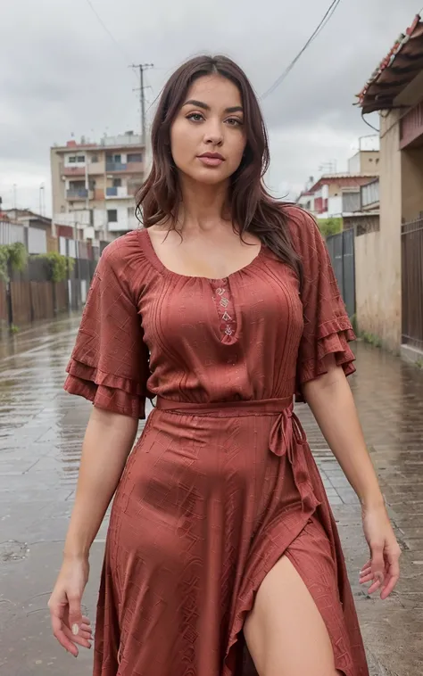 ((Mejor calidad, 8k, maxi vestido de encaje, de pie bajo la lluvia, Barrio Rojo, Textura de cara y piel muy detallada., ojos detallados, double eyelids.)