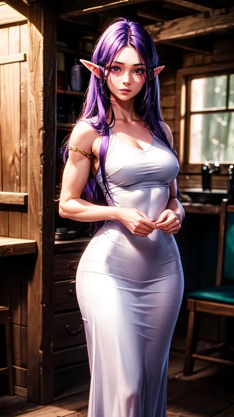 RAW, professional photograph, medium shot, photorealistic, hyper-realistic, ray tracing, super detail, UHD, 8k, female elf, twenty years old, athletic body, soft facial features, long hair, straight hair, purple hair,  purple eyes, white dress, Witch cloth...