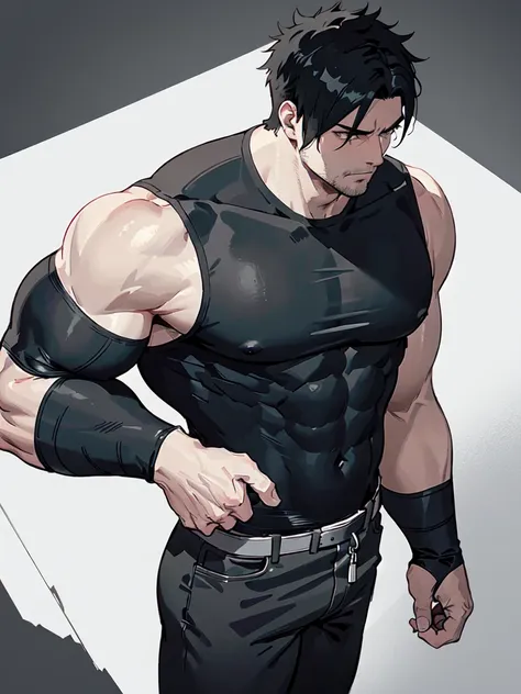 big, muscular man with scars on his arms (handsome man) (muscular man). black hair and short spikes, very spiked and straight. small and gray eyes. dressed in a black sleeveless shirt, with black bandages on his arms and hands and black pants (masterpiece)...