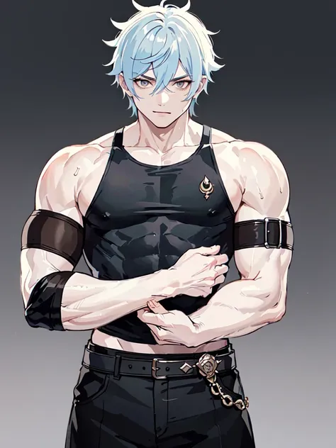 (wriothesley (genshin impact)) young muscular man with scars on his arms (scars) (handsome man). black hair and short, very spik...