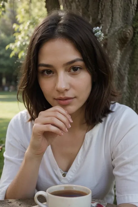 ((best quality)), ((masterpiece)), (detailed), perfect face under a tree drinking tea