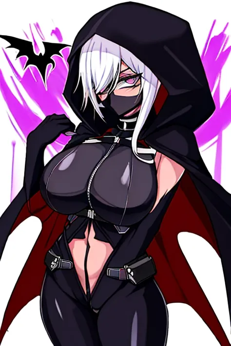 una chica anime con cabello Blanco. Color de Ojos: Intense and enigmatic he is wearing a black Halter neck bodysuit, sin espalda, deja ver una parte de sus pechos y su estomago ( el traje es algo explicito) A black spiked cape is attached to the black hood...