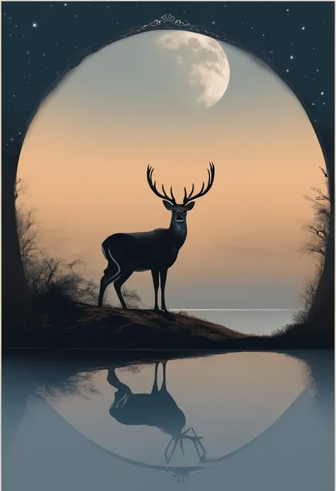 The round and big moon rises in a semicircle from the horizon，a sika deer，whole body，Standing among the moon on the horizon，Below the horizon is the calm lake water，Microwave sparkling，the pale blue sky，illusory，Beautiful，Oval decorative screen，center，HD，1...