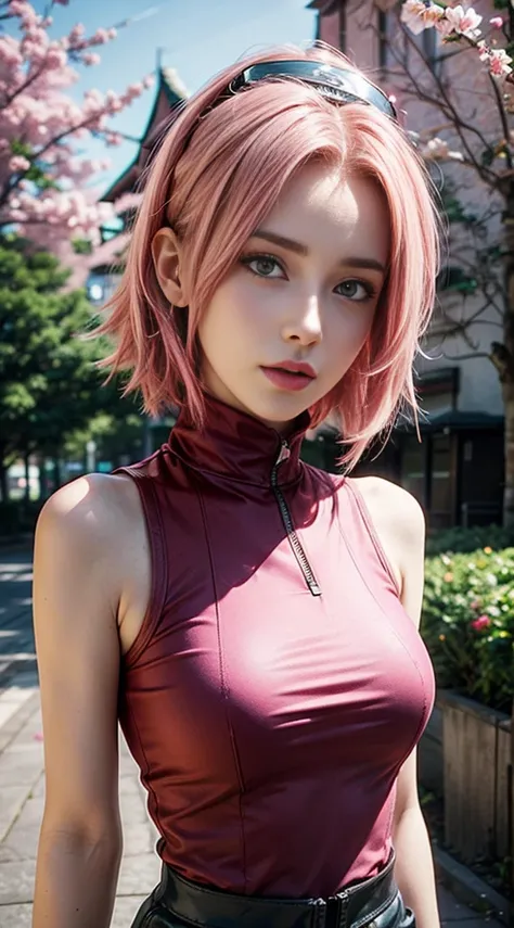 young woman, shoulder-length bubblegum pink hair, low forehead, porcelain skin, pink eyebrows, large emerald green eyes, buttoned nose, thick lips, heart-shaped face, slender body, small breasts, black sleeveless turtleneck t-shirt, Sakura Haruno, reality,...