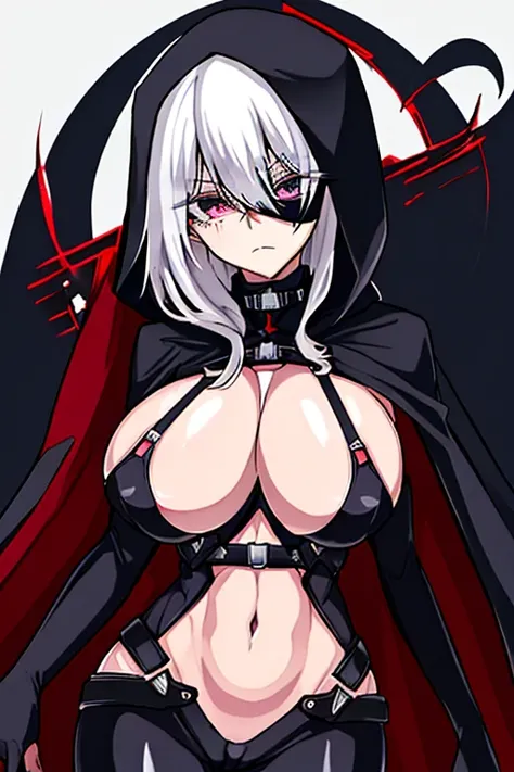 una chica anime con cabello Blanco. Color de Ojos: Intense and enigmatic he is wearing a black Halter neck bodysuit, sin espalda, deja ver una parte de sus pechos y su estomago ( el traje es algo explicito) A black spiked cape is attached to the black hood...