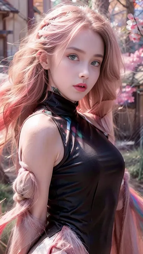 young woman, shoulder-length bubblegum pink hair, low forehead, porcelain skin, pink eyebrows, large emerald green eyes, buttoned nose, thick lips, heart-shaped face, slender body, small breasts, black sleeveless turtleneck t-shirt, Sakura Haruno, reality,...