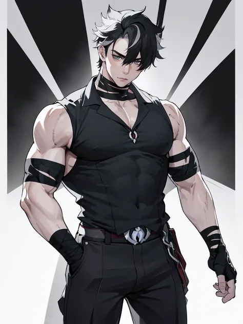 (proportional body) young muscular man with scars on his arms (scars) (handsome man). dressed in a black sleeveless shirt, with ...