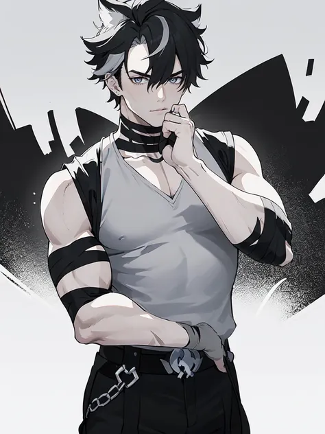 (proportional body) young man with scars on his arms (scars) (handsome man). dressed in a black sleeveless shirt, with black ban...