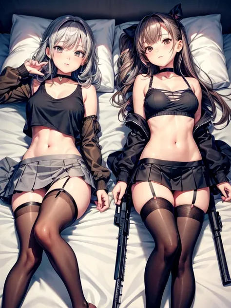 2 Cute anime girls, twins, wearing stockings, choker, mini skirt, tight top, brown and grey hair, medium hair, laying on bed, accent on stockings, a lot of details, 4k, 8k, cute, soft, bellybuttons, weapons, guns.