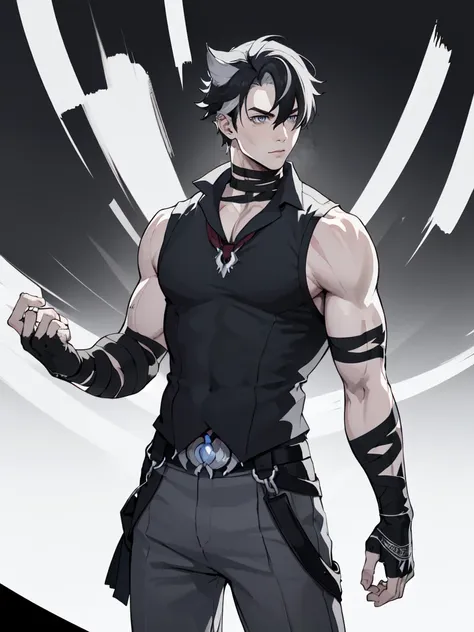 (proportional body) young man with scars on his arms (scars) (handsome man). dressed in a black sleeveless shirt, with black ban...