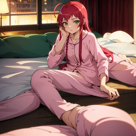 ((best quality)), ((masterpiece)), (detailed),emi, woman, wearing pink pajamas,  red hair, long hair, green eyes,was lying in be...