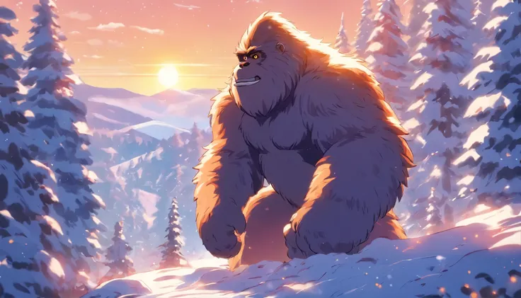 sunny winter landscape, много snowа, the forest, mountains, snow, Sun, white fluffy bigfoot, furry friendly bigfoot, furry body