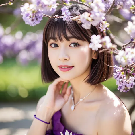 cherry blossoms, blurry, branch, wisteria, 1girl, pink flower, depth of field, flower, blurry foreground, tree, spring (season), solo, hydrangea, floral background, cosplay photo, makeup, lips, fur trim, dango, bangs, realistic, hanami, blurry background, ...