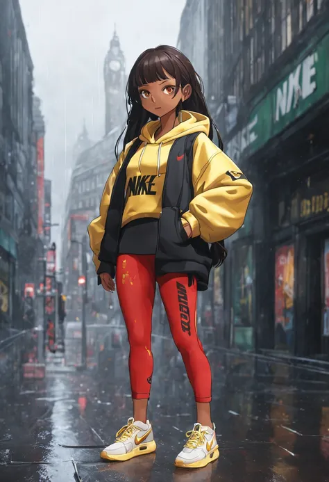 Create a female character in Akira Toriyamas style, with subtle Cyberpunk elements. The 3D model showcases Japanese cloud tattoos on her arms, dark long hair, and a tan skin tone. Shes wearing a white and yellow Nike hoodie, red leggings, and Nike sneakers...