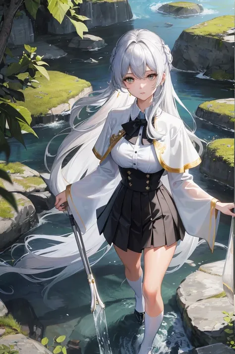 Amidst the tranquility of nature, a masterpiece unfolds in this exquisitely detailed CG unity 8k wallpaper. Solo, Tachibana Kanade, with her silver hair cascading down like a waterfall, stands by the shoreline in her iconic tan school uniform, consisting o...