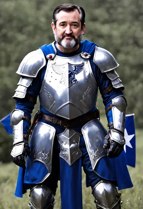 poltician ted cruz as a knight in white silver and blue armor no helmet with a  beard