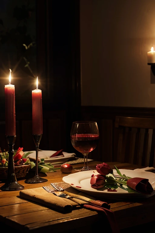 romantic dinner, a table with dishes and glasses with red wine and tulips and small red hearts