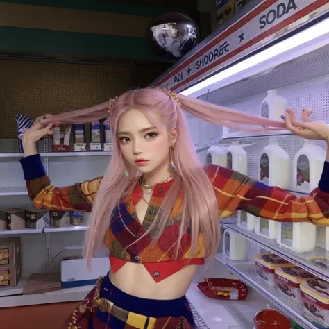 araffe girl con cabello rosado in a store with milk, parque roseanne de blackpink, jossi de blackpink, portrait of jossi de blackpink, she parece una mezcla de mugre, con cabello rosado, Lalisa Manoban de Blackpink, jisoo de blackpink, bella delfina, parec...