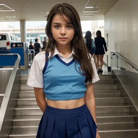 Short brunette girl blue eyes wearing school uniform, subiendo escaleras falda corta, Small, 10 year old girl, hermosa, cuerpo completo, subiendo escaleras, de la mano junto a su madre, 13-year-old female, atractiva, sexy,, de espaldas, agachada, en el aer...