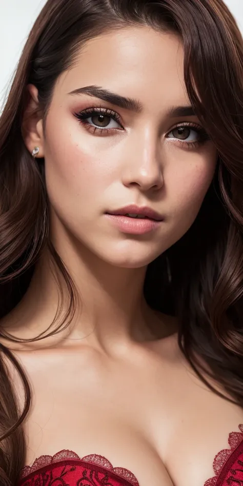 Full Face portrait photo oF 25 year old European girl, CRUDO, beautiFul woman, halF-open strawberry lips, hoyuelos, mirada anhelante, ojos verdes, Pupilas grandes, big eyelashes, (very long wavy brown hair), ((Detalleed Face)), ((Detalleed Facial Features)...